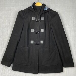 Asos Duffle Coat Womens 6‎ Black Hooded Plaid Lined Toggle Buttons Academia Euro